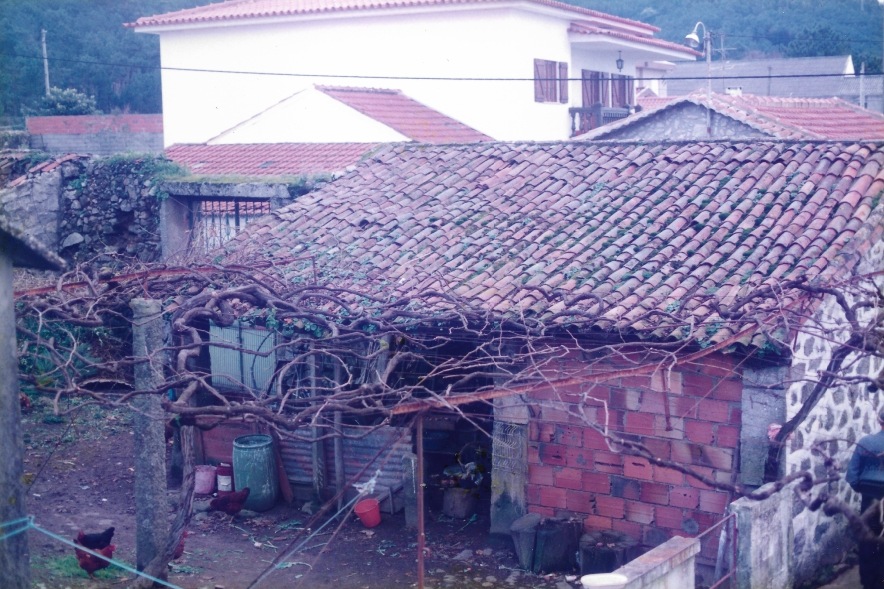 Fotografia antiga dos telhados de telha vã dos anexos rurais da casa
